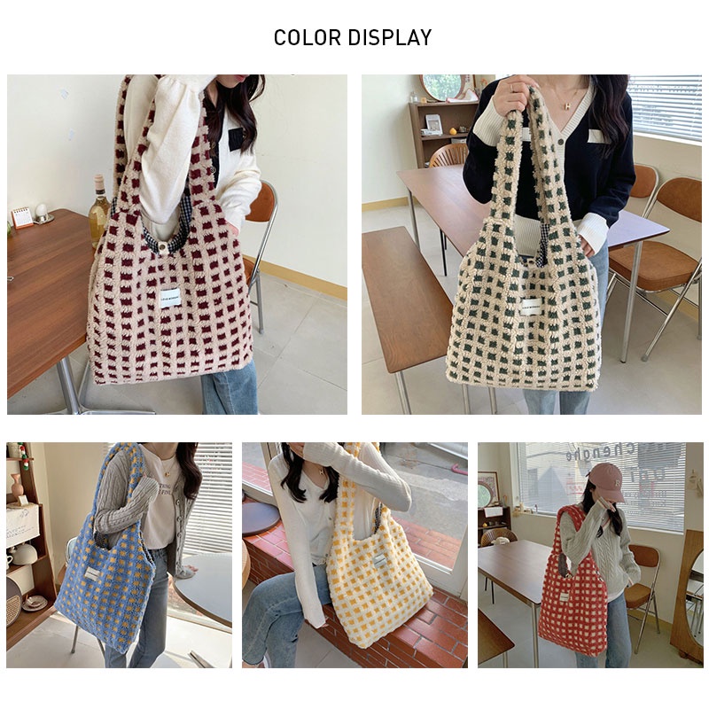 Túi Xách Tote Đeo Vai Khung Vuông Bằng Lông Cừu Dày Dặn Sức Chứa Lớn Phong Cách Idle