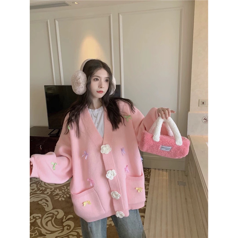 Áo cardigan họa tiết bông hoa gắn nơ MEE.UNII dáng rộng hàn quốc, áo khoác len cardigan nơ xinh màu hồng trăng vàng