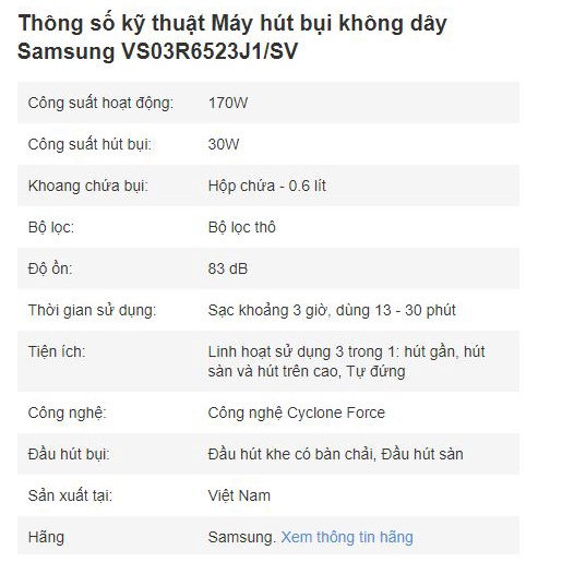 Máy hút bụi không dây Samsung VS03R6523J1/SV