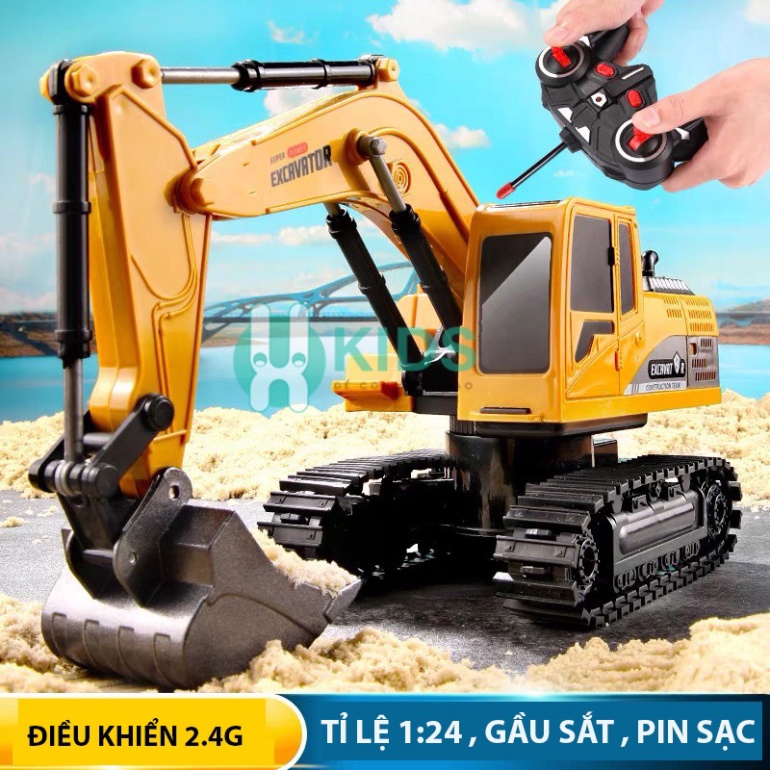 Đồ chơi Máy xúc, Xe cẩu múc điều khiển từ xa RC 2.4G có Gầu SẮT, bánh xích kèm pin sạc cao cấp