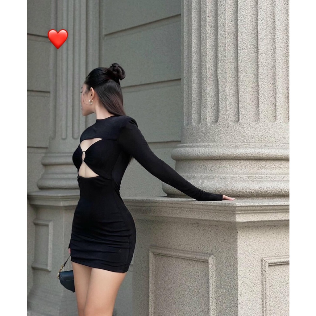 Đầm tay dài cổ tròn khoen ngực khoét trên dưới dáng ngắn sexy , chất thun gân mềm mịn