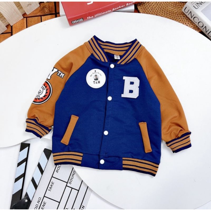 Áo khoác bomber bóng chày bé trai size nhí chất nỉ da cá
