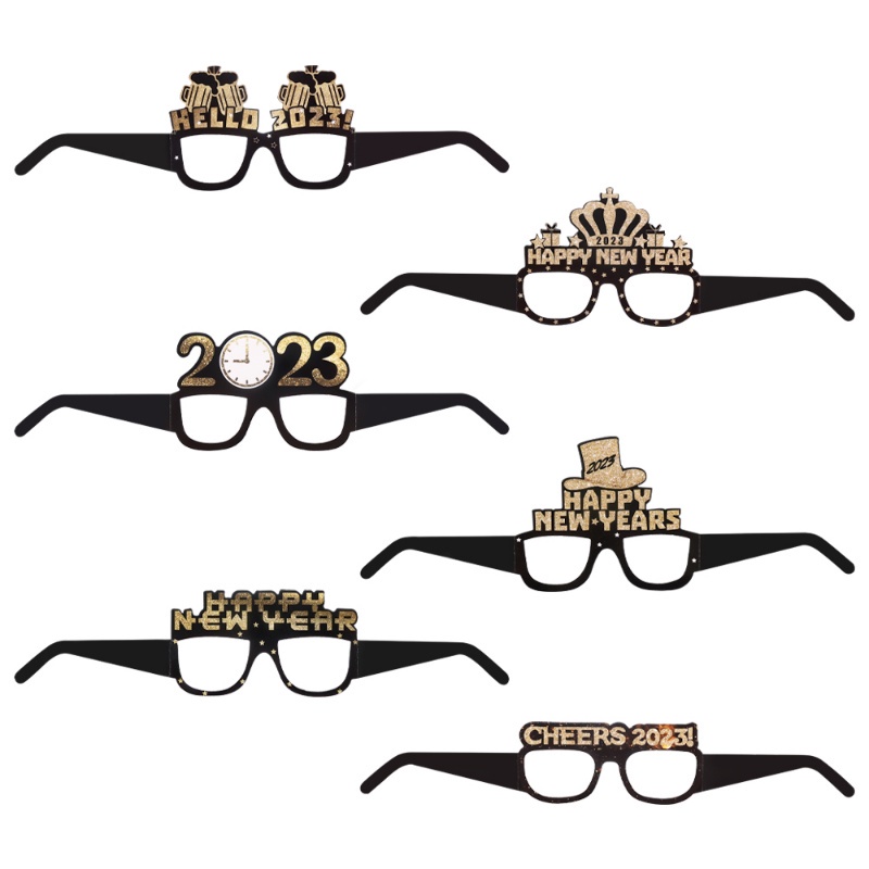 Set 6 Mắt Kính Màu Vàng Đen Lấp Lánh Trang Trí Năm Mới / Giáng Sinh