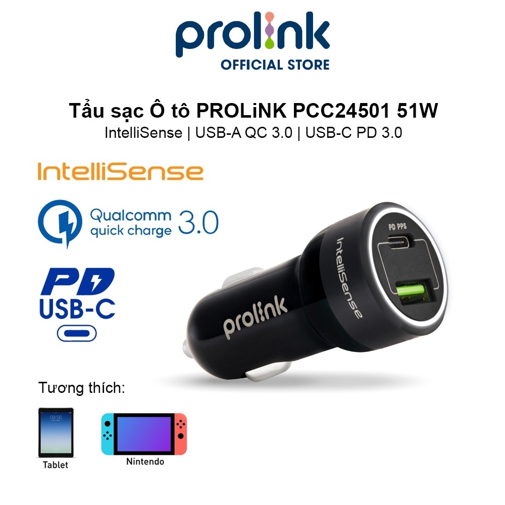Tẩu sạc Ô tô PROLiNK PCC24501 51W 2 cổng USB-A QC 3.0 & USB-C PD 3.0 IntelliSense, sạc nhanh cho thiết bị di động