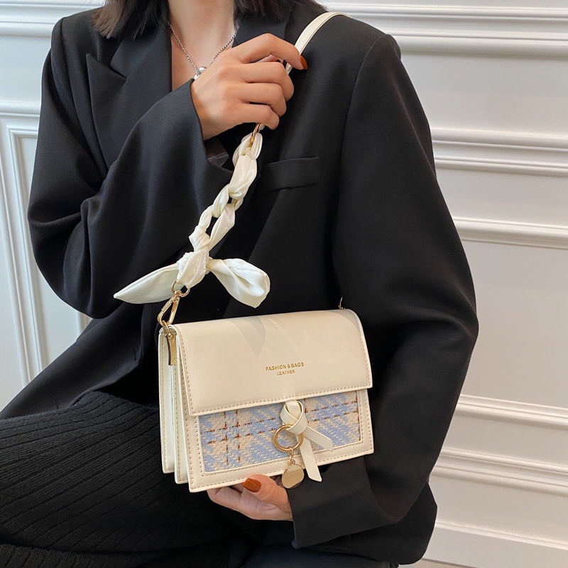 Túi đeo chéo nữ túi xách 2022- kẹp nách phối vải tweed trẻ trung thắt nơ thời trang hàn quốc-TONGKHOQUANAONU