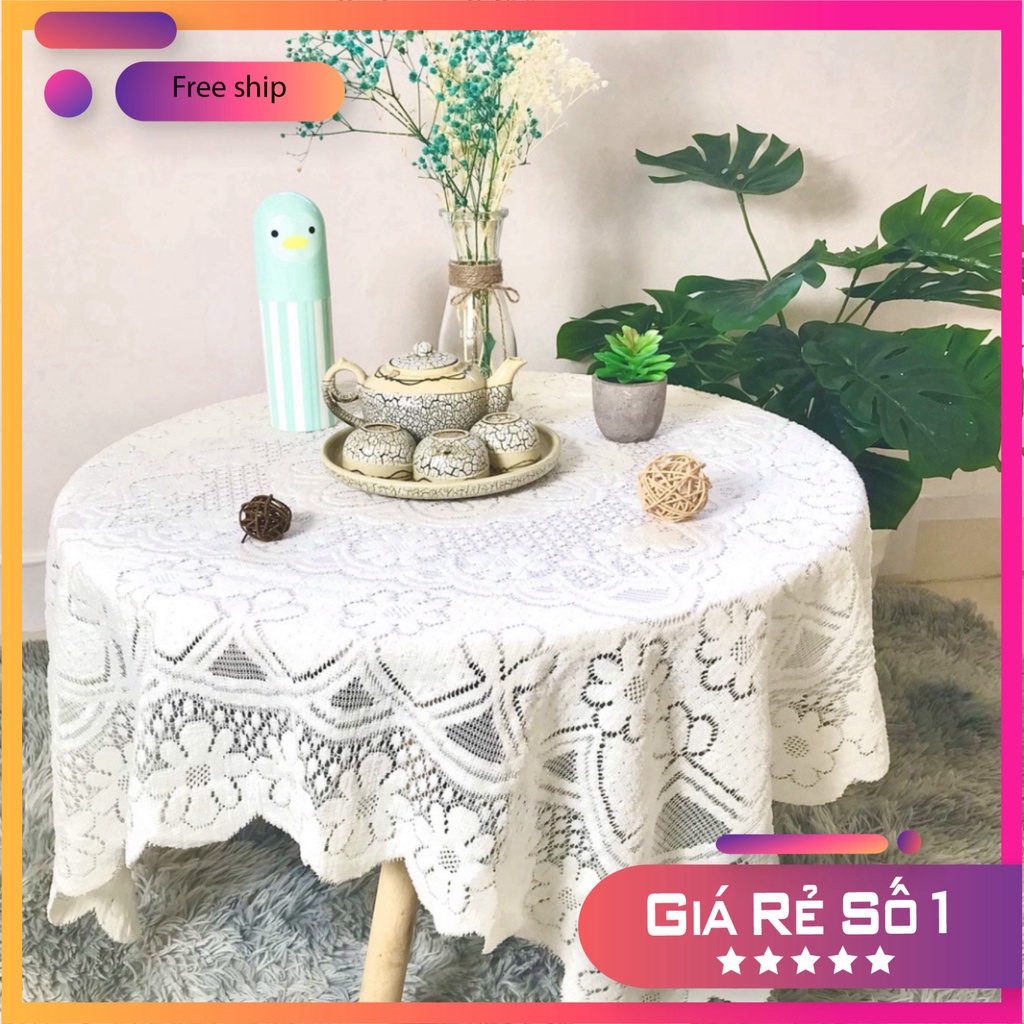 Khăn trải bàn vintage, khăn hình vuông họa tiết ren hoa màu trắng phủ bàn tròn, trà, cafe cực đẹp