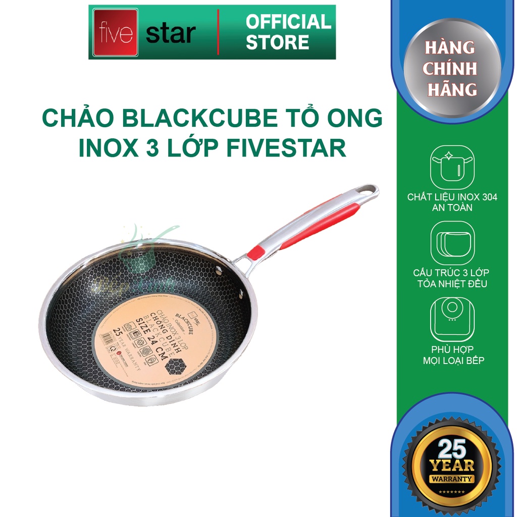 Chảo sâu lòng 3 lớp đáy liền inox 304 bếp từ tổ ong BlackCube Fivestar 24cm quai bọc silicon chống nóng, chống trầy xước