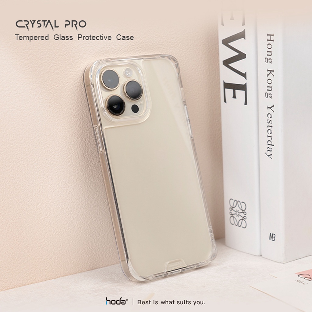 Ốp Hoda Crystal Pro Glass Viền Dẻo Chống Sốc 5M Kháng Khuẩn, Không Ố Vàng iP 15Pro/ 15promax/ 15Plus/ 14Pro/ 14 ProMax