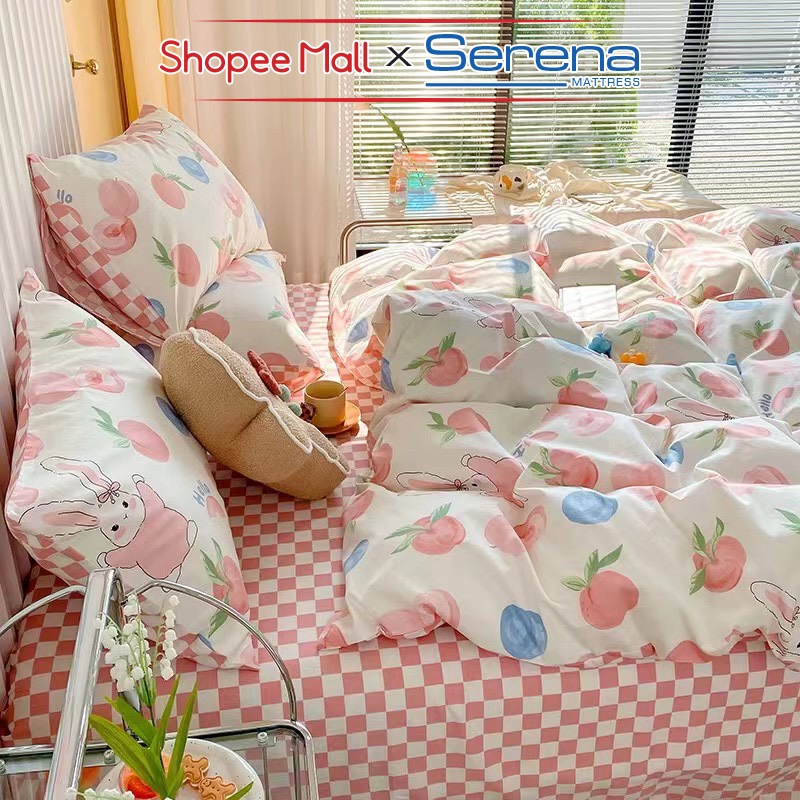 Ra Trải Giường Cao Cấp 5 Món Cotton Living SERENA Bộ Drap Chăn Ga Nệm Đệm Vỏ Gối Ra Grap Phủ Bọc Trải Giường Cotton Cute