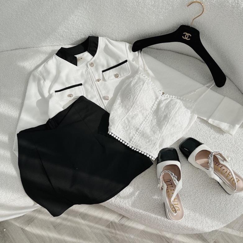Set áo khoác dạ trắng viên đen phối áo 2 dây croptop cup ngực viền ren kèm chân váy đen