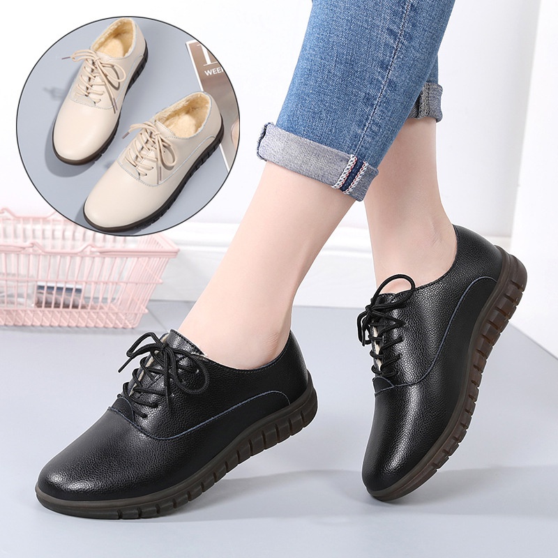 Giày Da Thật Đế Mềm Dày Dặn Thoải Mái Có Size Lớn Thời Trang Xuân Thu Cho Nữ