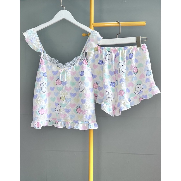 Đồ bộ mặc nhà pijama nữ 2 dây cánh tiên hoạ tiết dễ thương chất đũi cao cấp