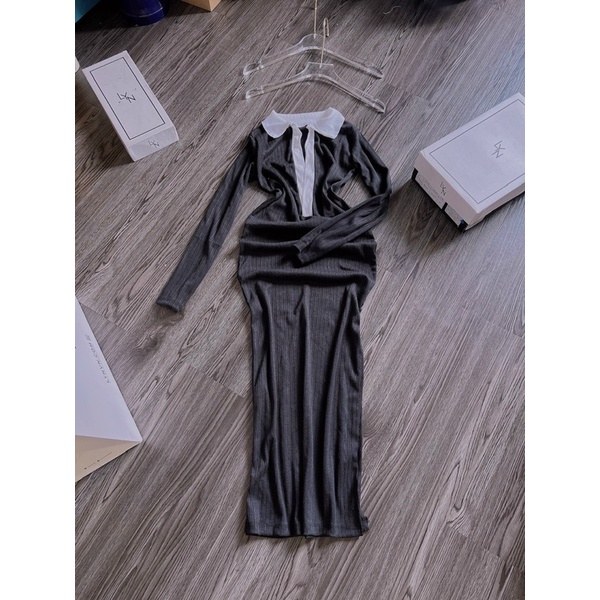 Đầm  Maxi Body Xốp Cổ Polo Tay Dài Núc Cài  Phối Viền