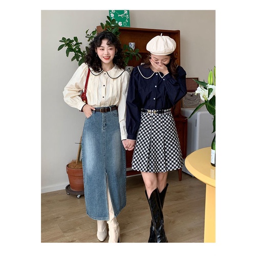 Áo Sơ Mi Cổ Búp Bê Dáng Rộng Màu Sắc Tương Phản Thời Trang Mùa Thu Cho Nữ