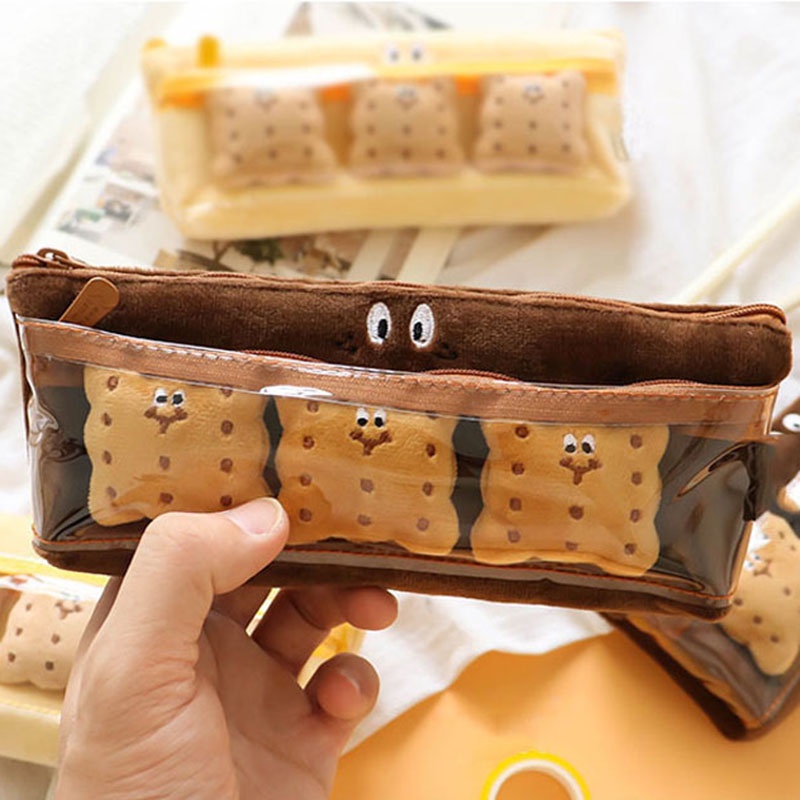 1 Túi Đựng Bút Hai Lớp Phủ Lông Sức Chứa Lớn Hình Bánh snack Sáng Tạo Và Đáng Yêu