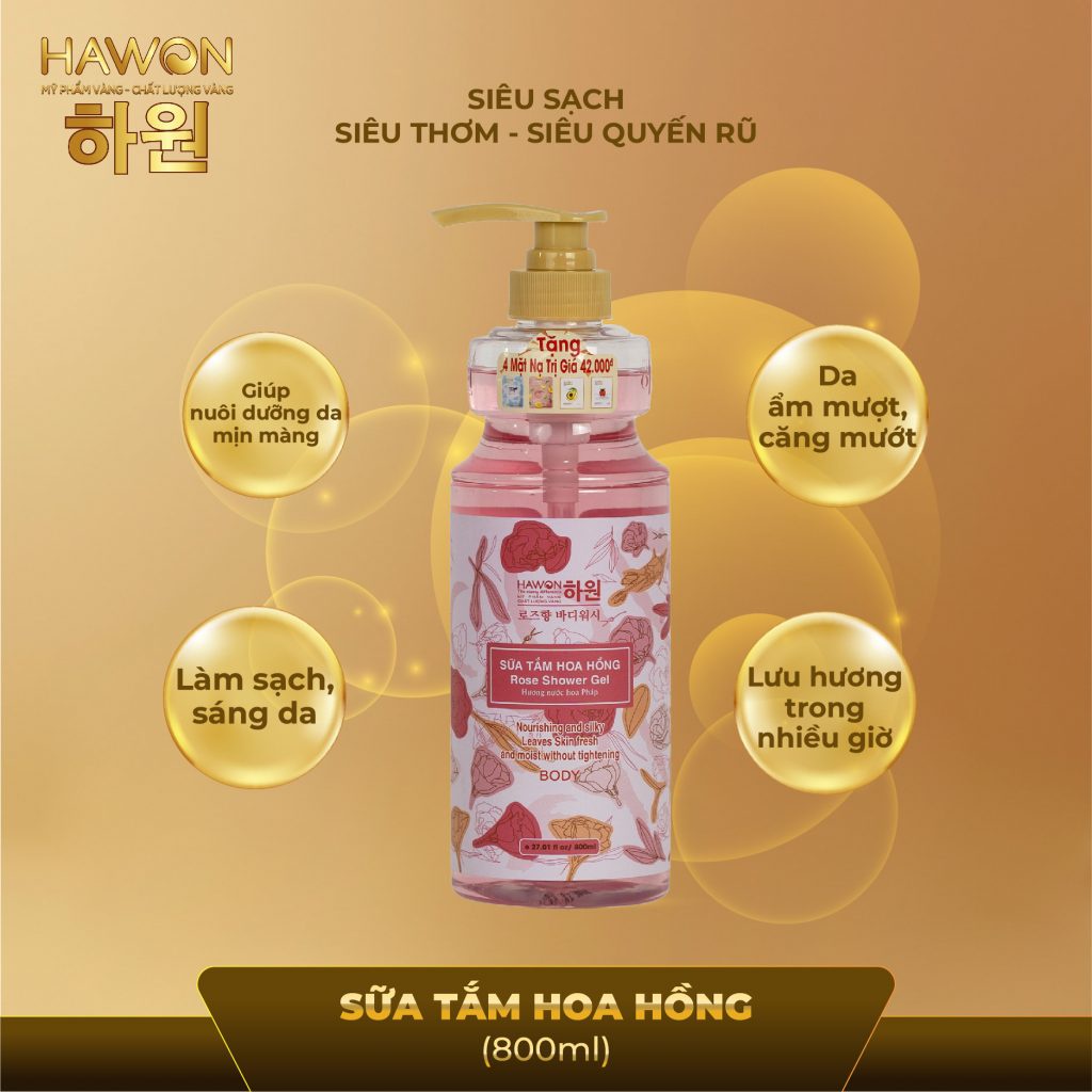 Sữa Tắm Dưỡng Mịn Da Hương Hoa Hồng Cao Cấp HAWON - 800ml
