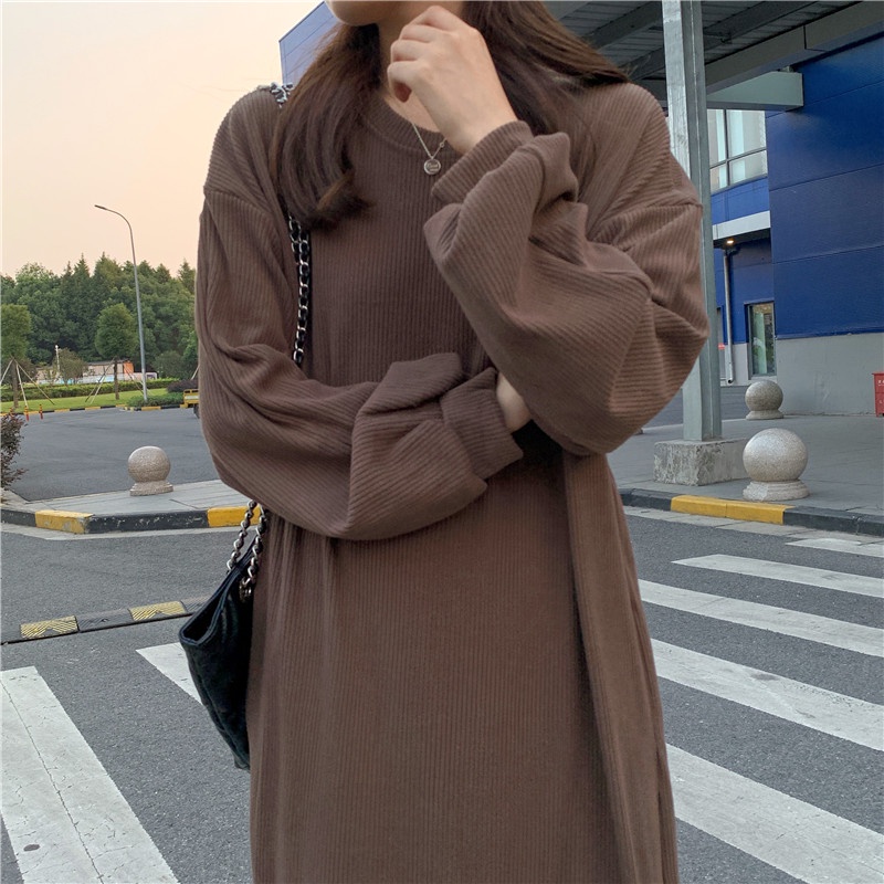 Đầm dài qua gối SUXI cổ tròn dáng rộng màu sắc đơn giản thời trang mùa thu dành cho nữ