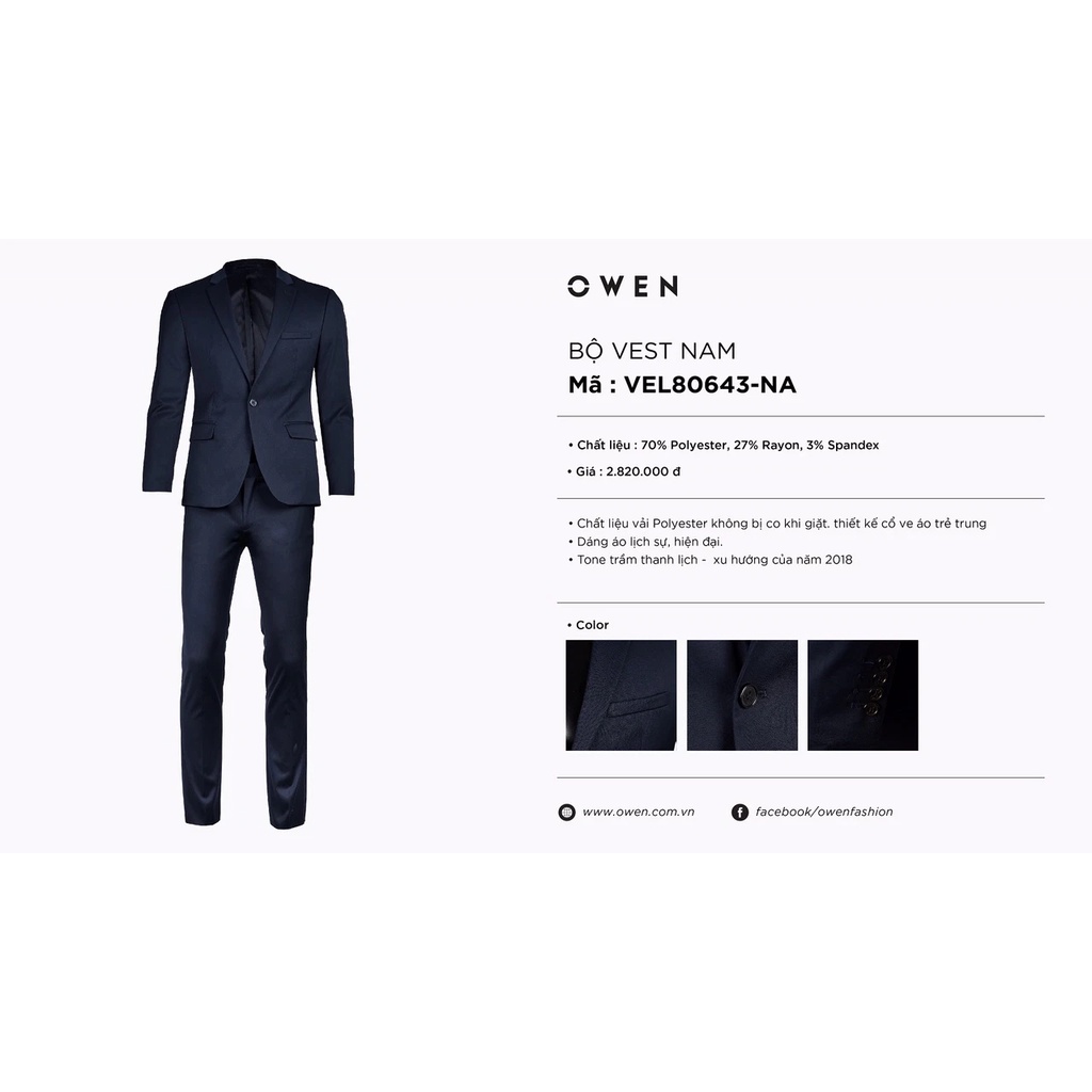 Áo Vest Bộ Suit Comple Veston Công Sở Nam Owen VEL80643 Màu Navy Trơn Vải Polyester Cao Cấp Dáng Suông 1 Cúc Tà Xẻ Hông