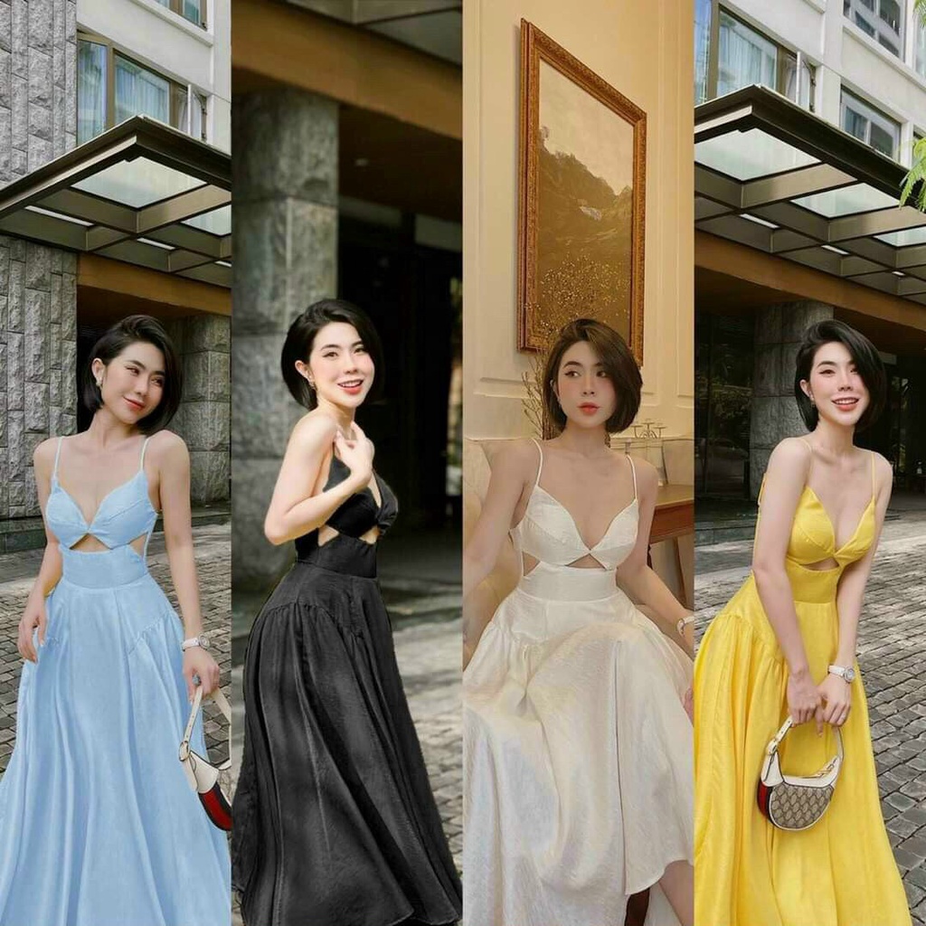 [11.11 Sale Freeship] Đầm thời trang đi biển mùa hè,đầm hai dây có cúp khoét hai bên eo chất lụa xếp ly dáng xoè dài mtb