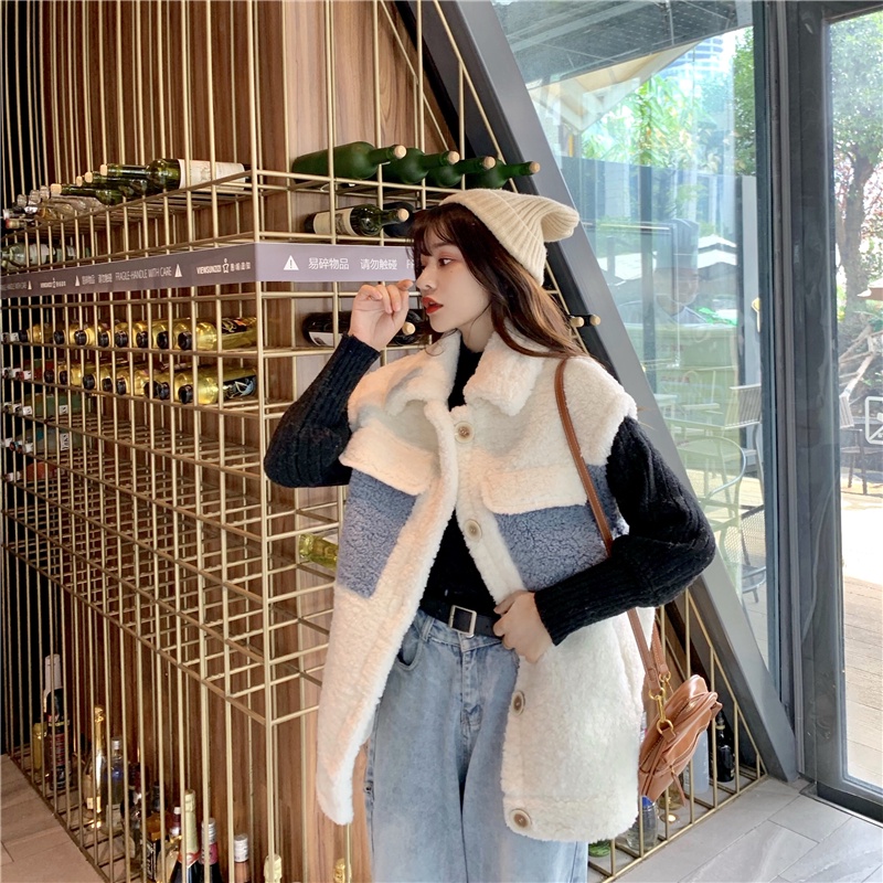 Áo Khoác Cashmere Dày Không Tay Dáng Rộng Màu Sắc Khối Lập Phương Phong Cách Hàn Quốc Thời Trang Thu Đông