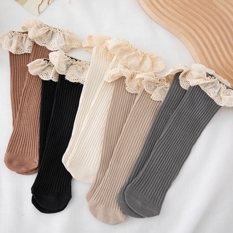 Tất nhún bèo gân tăm phối ren cho bé gái 1-6 tuổi điệu đà phong cách Vintage