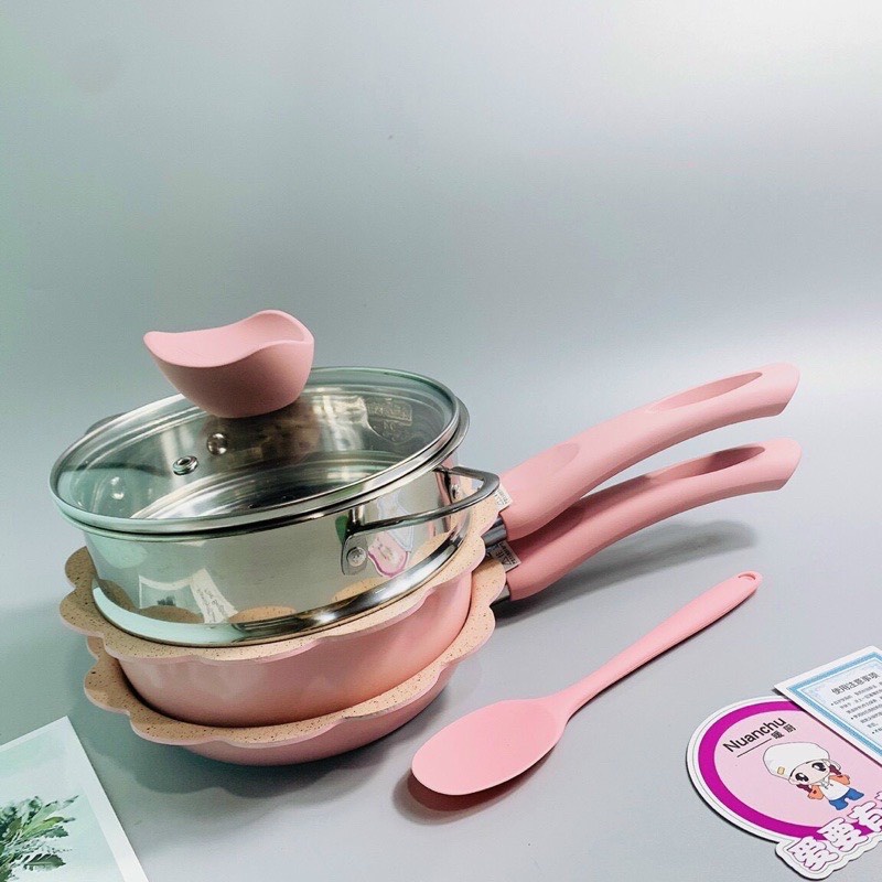 Bộ nồi chảo đá kèm xửng lồng hấp 2in1 hình hoa Sakura nấu ăn dặm cho bé
