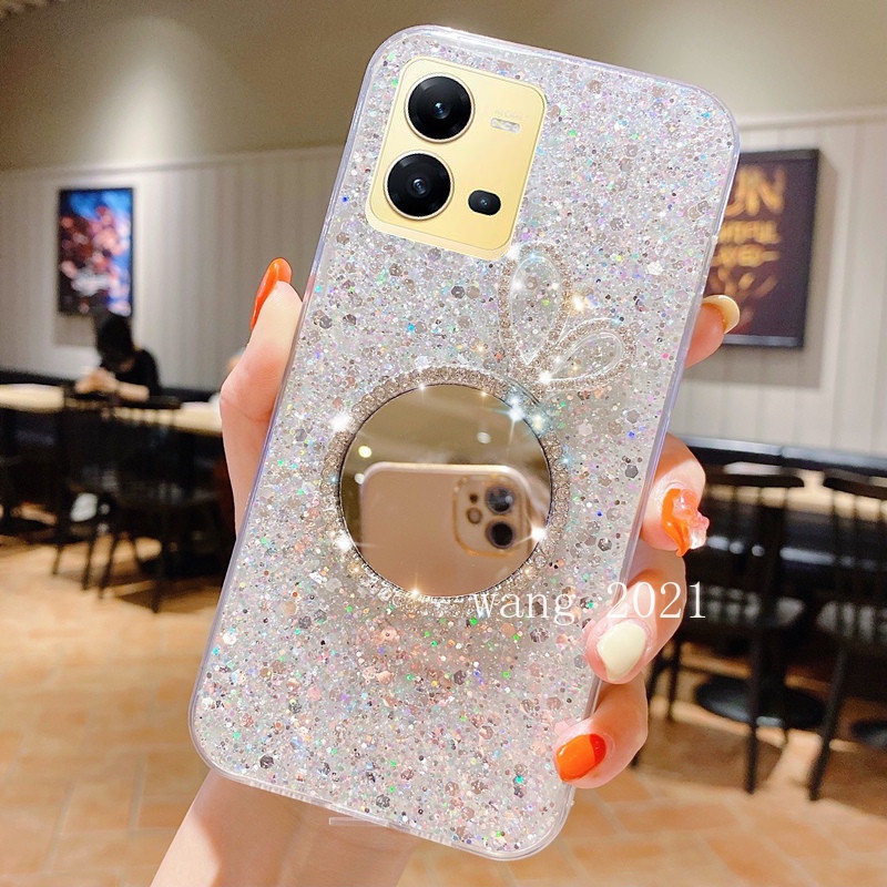 Ốp Điện Thoại Silicon Mềm Đính Đá Lấp Lánh Gắn Kèm Gương Trang Điểm Cho VIVO Y16 V25 V25e 5G Y35 2022 Y22 Y22s 2022