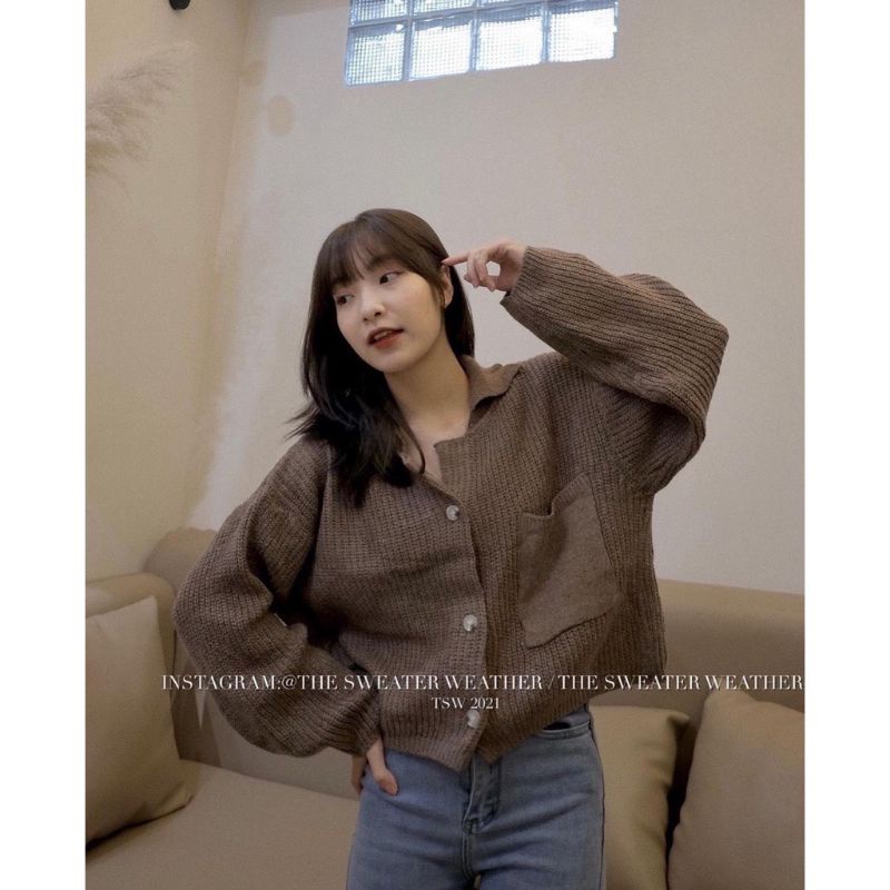 Áo len croptop dài tay, túi hộp cổ bẻ dày ấm.Áo khoác trơn thu đông nữ giá rẻ màu Xám đen-Be-Nâu