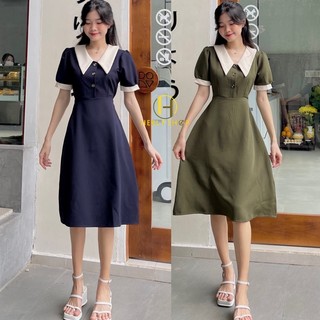 Đầm midi đính nút phối cổ bẻ