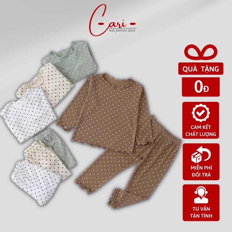 Bộ Quần Áo Thu Đông Bé Gái Chấm Bi Chất Tăm Co Giãn 4 Chiều Cho Bé 6 – 18kg
