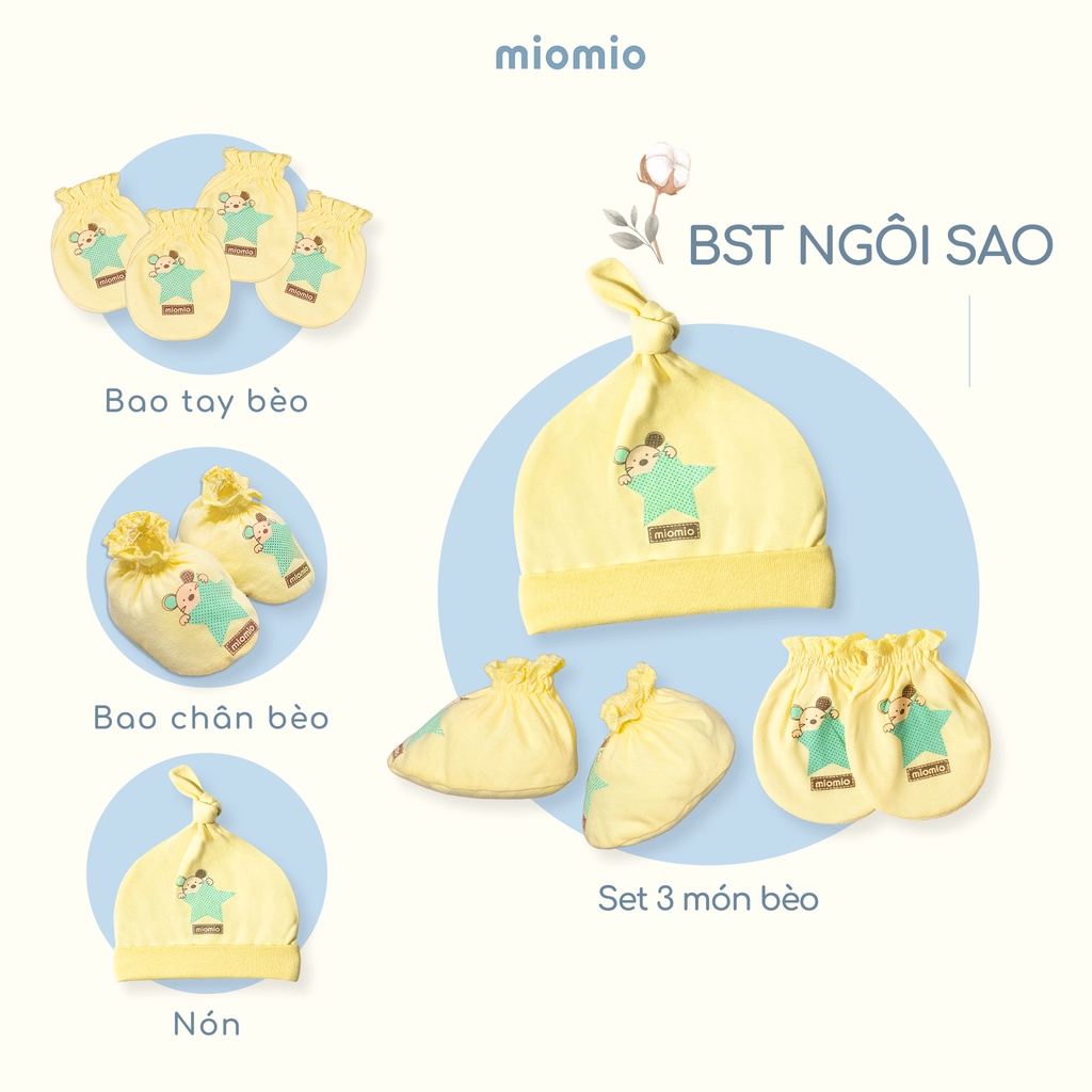 Bao Tay Bèo, Chân Bèo, Nón, Set 3 Món Phụ Kiện Bèo MIOMIO, Họa Tiết: Ngôi Sao, D&R Cho Bé Sơ Sinh, Vải Cotton