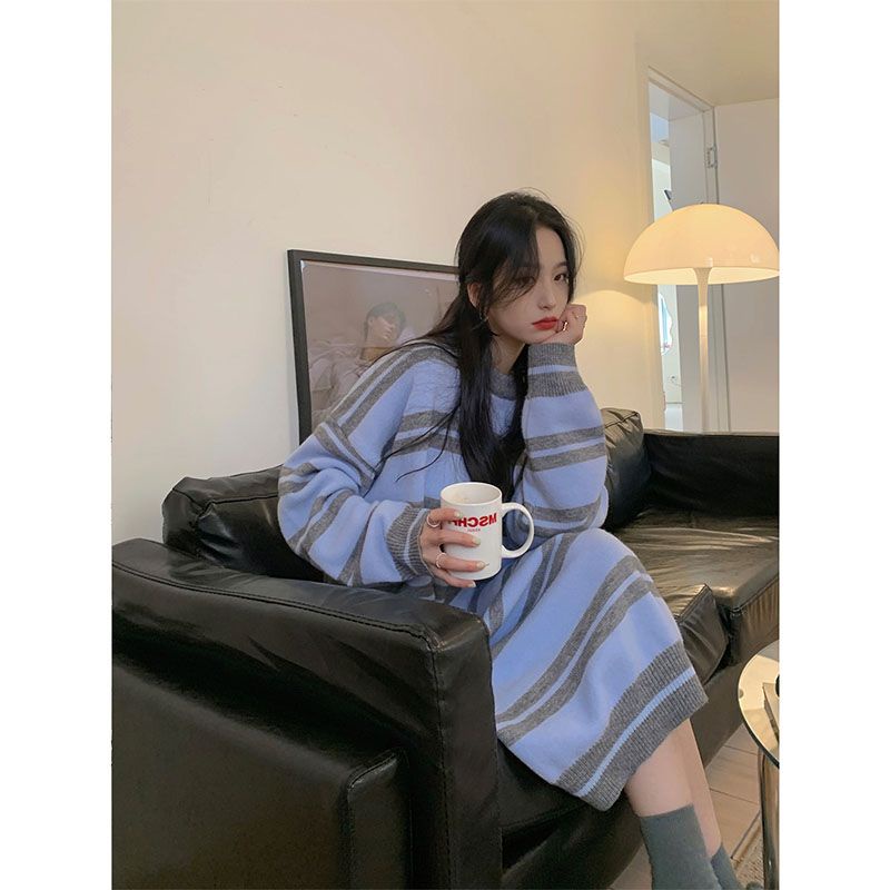 [Hàng Có Sẵn] Đầm Dệt Kim Chui Đầu Dáng Rộng Dài Vừa Phải Phong Cách Hàn Quốc