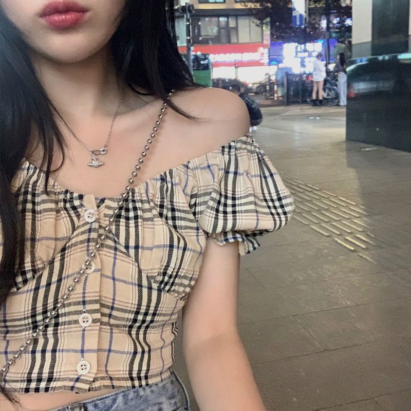 Women's Retro Plaid Cropped Top Shirt Puff Sleeve Off-the-Shoulder Collarbone Short Top 2022 Summer New