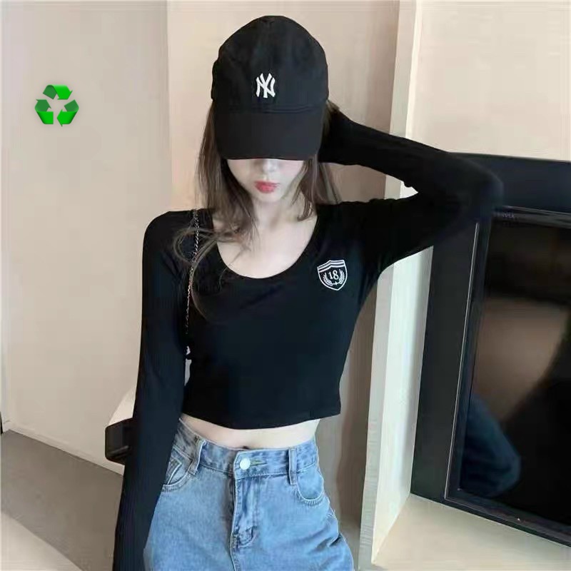 Áo kiểu nữ tay dài cổ U croptop số 18 bên ngực xinh chất thun gân xinh