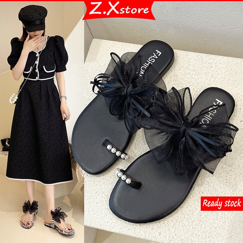 ZTAIXIELUA Dép Nữ Quai Nơ Đính Ngọc Trai Thời Trang Hàn Quốc Xinh Xắn