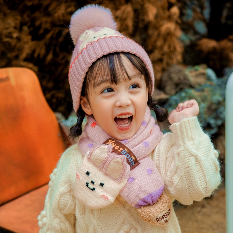 Set Mũ Len + Khăn Choàng Cổ Giữ Ấm Mùa Thu Đông Cho Bé Trai, Bé Gái