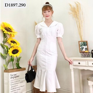 Đầm Nữ Nhật Vy Tay Phồng Nút Bọc Đuôi Cá Chất Kaki Thun Phù Hợp Đi Chơi, Dạo Phố, Cafe - D1897