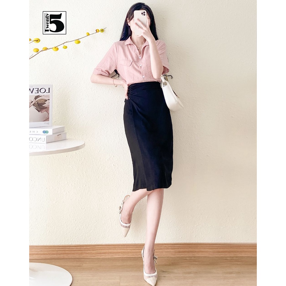 Chân váy công sở nữ dáng A midi xếp ly eo Twentyfive SC6
