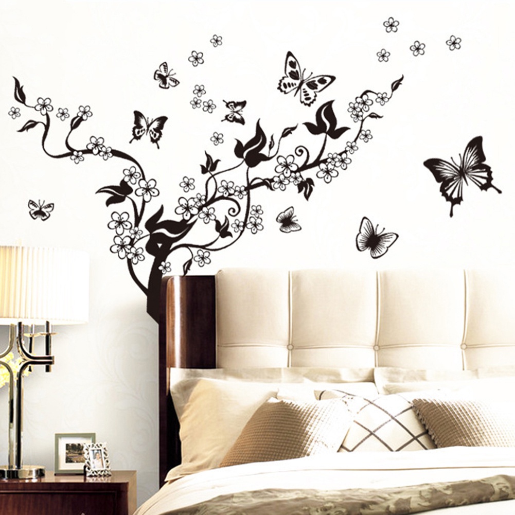 Miếng Dán Tường Trang Trí Hình Hoa &amp; Bướm Màu Đen DIY