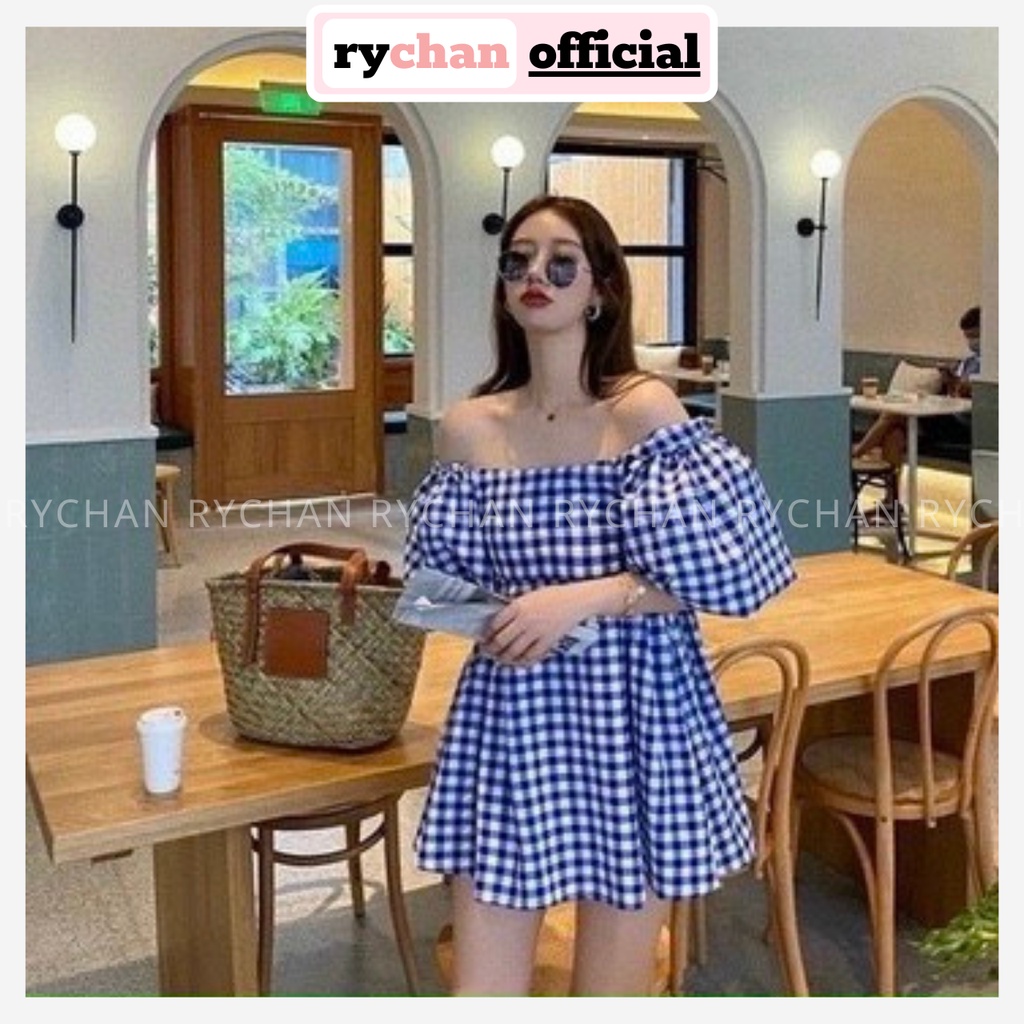 [ẢNH THẬT CUỐI] Đầm Form Ngắn Mang Được Kiểu Trễ Vai Sành Điệu, Đầm Đi Chơi Biển Caro Xanh Tay Phồng Bồng Bềnh -DX462