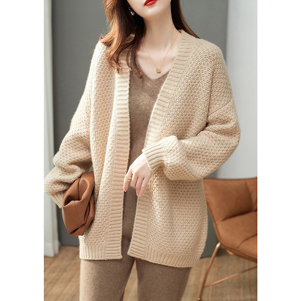 (TỔNG KHO LAM ANH CHUYÊN SỈ) Áo khoác cardigan len nữ form rộng, len rệt tổ ong dày dặn ấm áp - Be