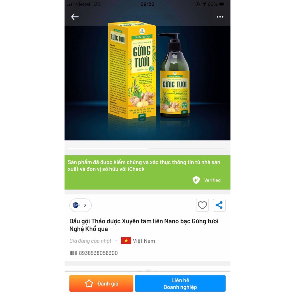 Dầu gội thảo dược xuyên tâm liên Nano bạc gừng tươi, nghệ, khổ qua
