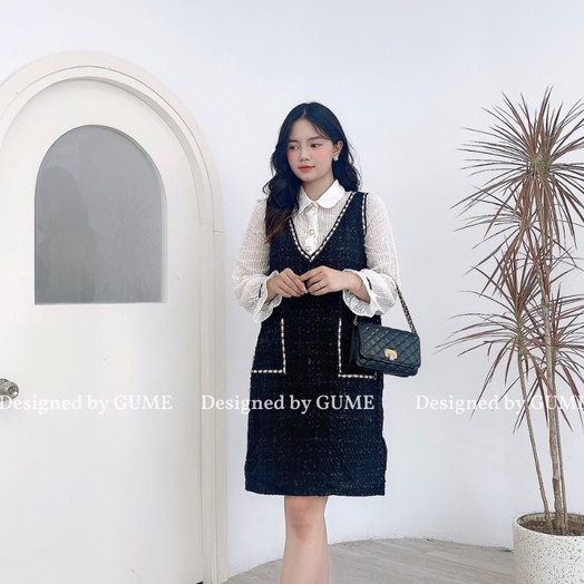 Váy bầu bigsize - Đầm bầu thiết kế GuMe mặc Tết DẠ TWEED MÀU ĐEN CỔ ĐỨC GIẢ YẾM SIZE TỪ 40-100KG MB194_ảnh thật