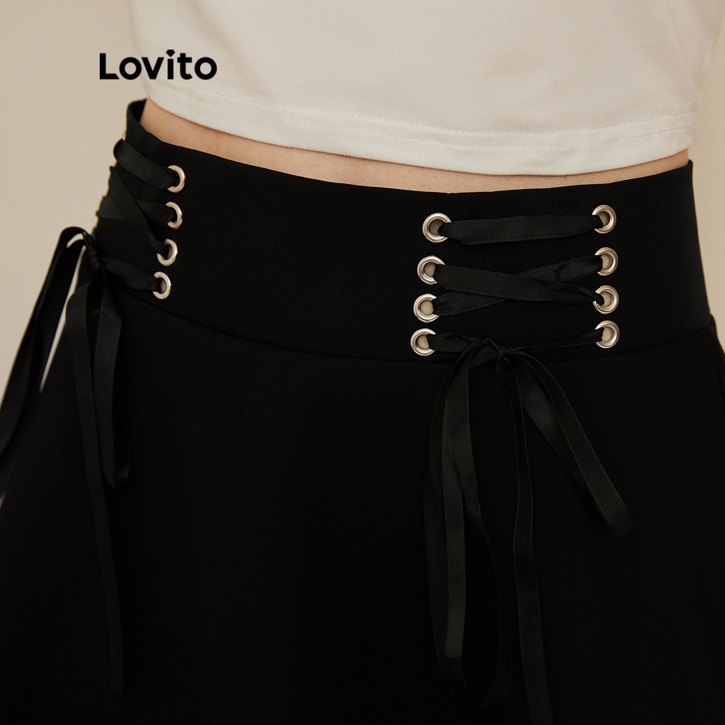 Chân váy Lovito lưng rút dây dáng xòe màu trơn phong cách Preppy L19D020 (màu đen)