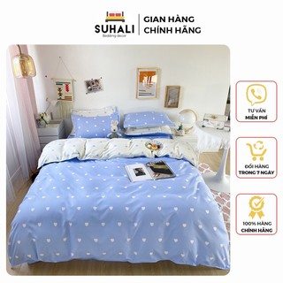 Bộ chăn ga giường cotton poly tim nhí Suhali Shop, vỏ chăn mền, drap nệm và 2 vỏ gối