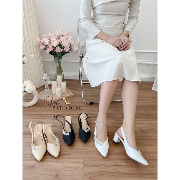 Giày cao gót 5p nữ mũi nhọn viền đá gót vuông 5 phân đẹp shoes paradise L068