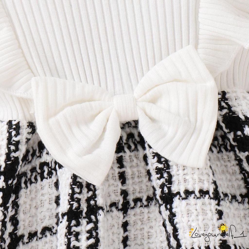 Bộ Đầm Liền Thân Tay Dài Nhún Bèo Họa Tiết Sọc Caro + Băng Đô Cài Tóc Xinh Xắn Cho Bé Gái B930G