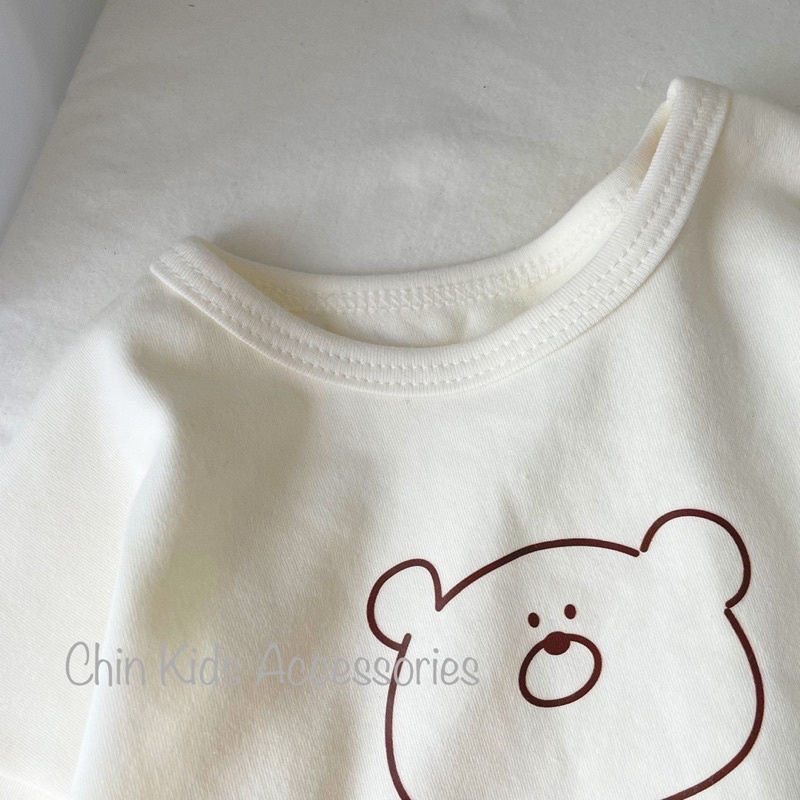 Áo vai trễ in gấu trơn vải cotton pc dày dặn cho bé