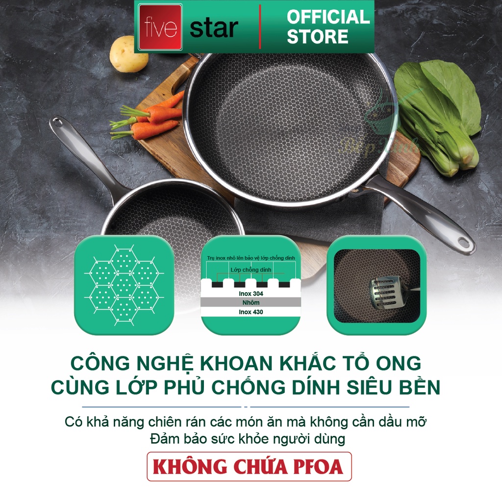 Chảo sâu lòng tổ ong 3 lớp đáy liền inox 304 Blackcube FiveStar Plus nắp kính ( 24cm / 26cm / 28cm ), dùng được bếp từ