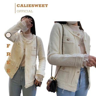 Áo dạ Tweed Caliesweet áo dạ nữ 2 lớp 4 cúc màu trắng sữa